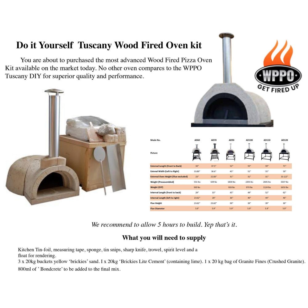 Do It Yourself (DIY) Wood Fired Oven Tuscany Kit 100 (55D x 52W x 31H)